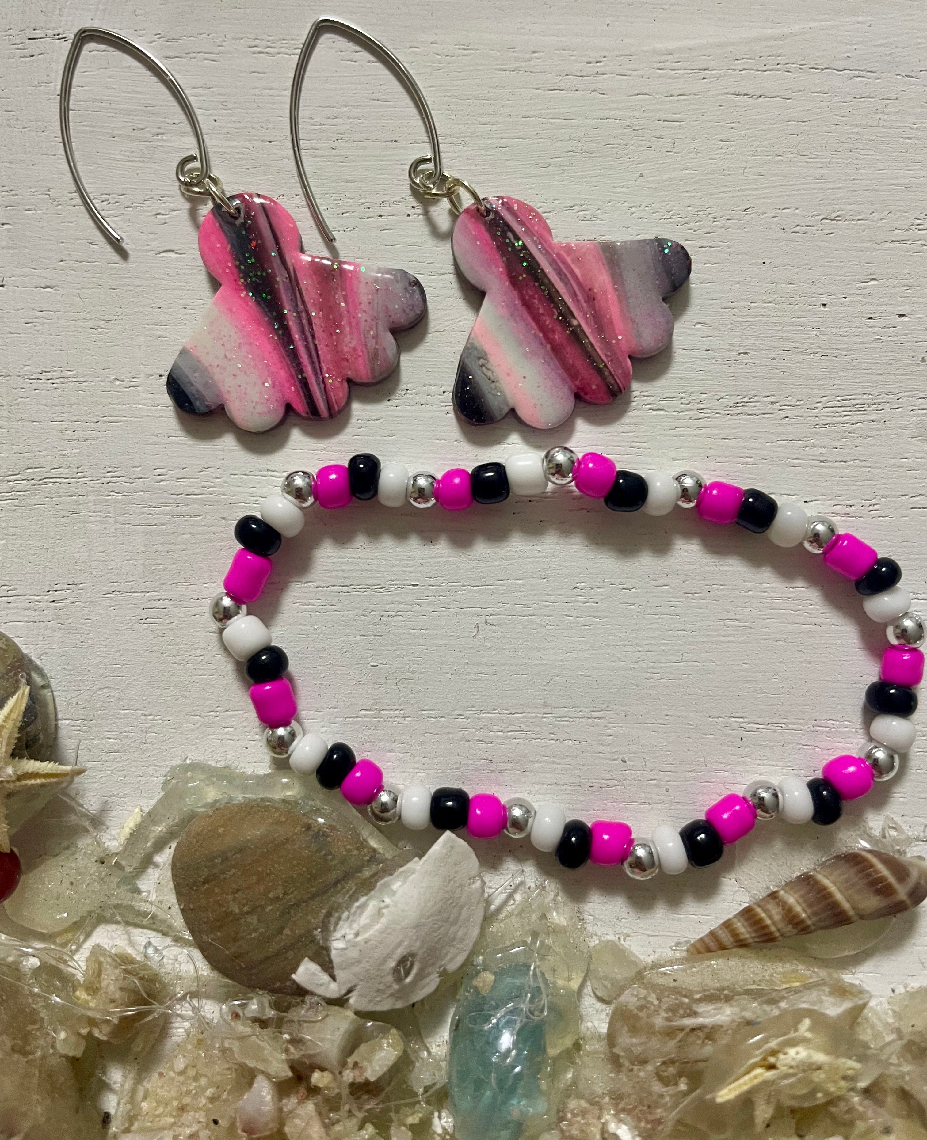 Abstract Hot Pink Galaxy Drop Earrings & Bracelet Set