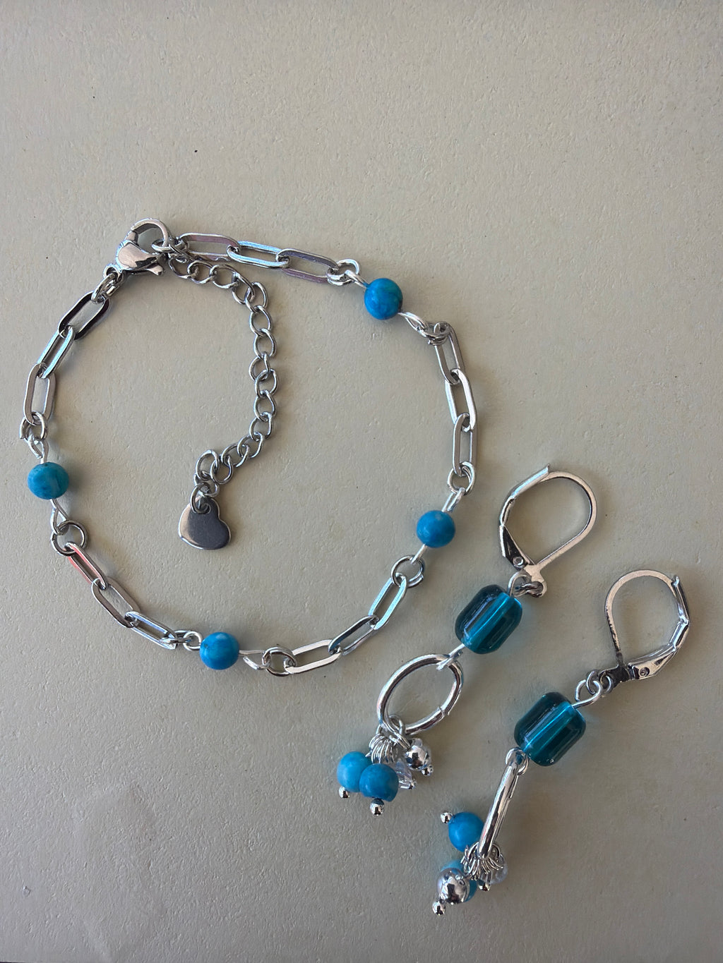 Aqua Lagoon Teal Blue Jewelry Set- Earrings & Paperclip Bracelet- by Suzie with Sublime Designs