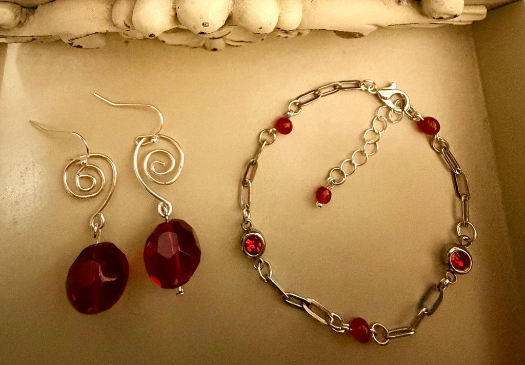 Elegant & Vibrant Ruby Red Rhinestone Crystal Set - Silver Paperclip Link Bracelet & Dangle Earrings Gift for Her by Suzie with Sublime Designs