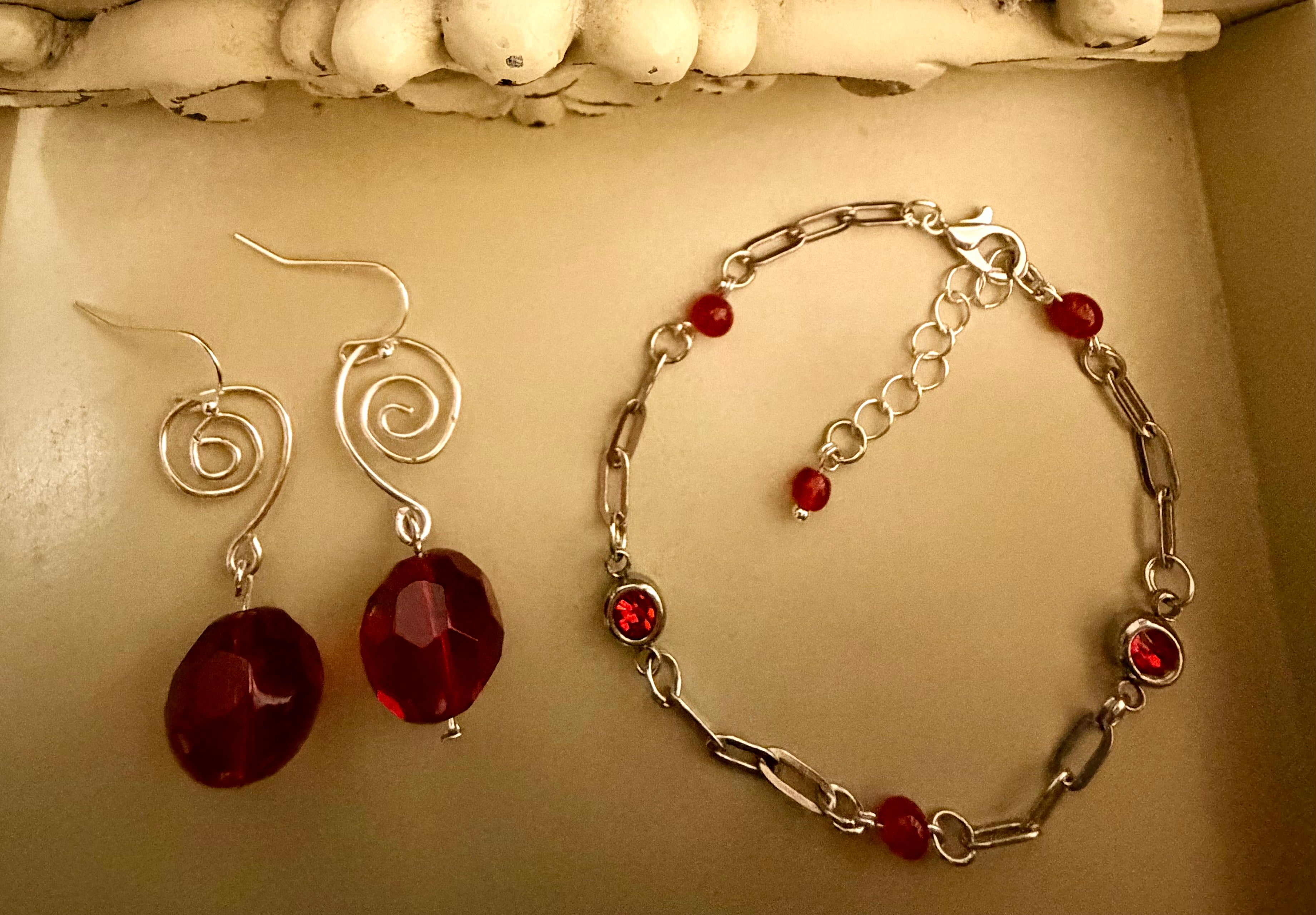 Elegant & Vibrant Ruby Red Rhinestone Crystal Set - Silver Paperclip Link Bracelet & Dangle Earrings Gift for Her by Suzie with Sublime Designs