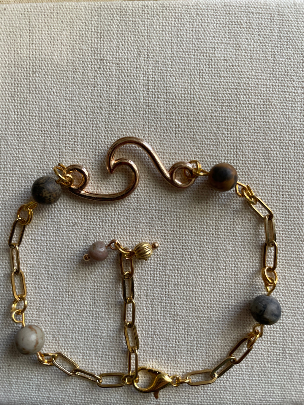 14K Gold Filled AdjustablePaperclip Chain Bracelet or Anklet with Round Dalmatian Jasper Beads