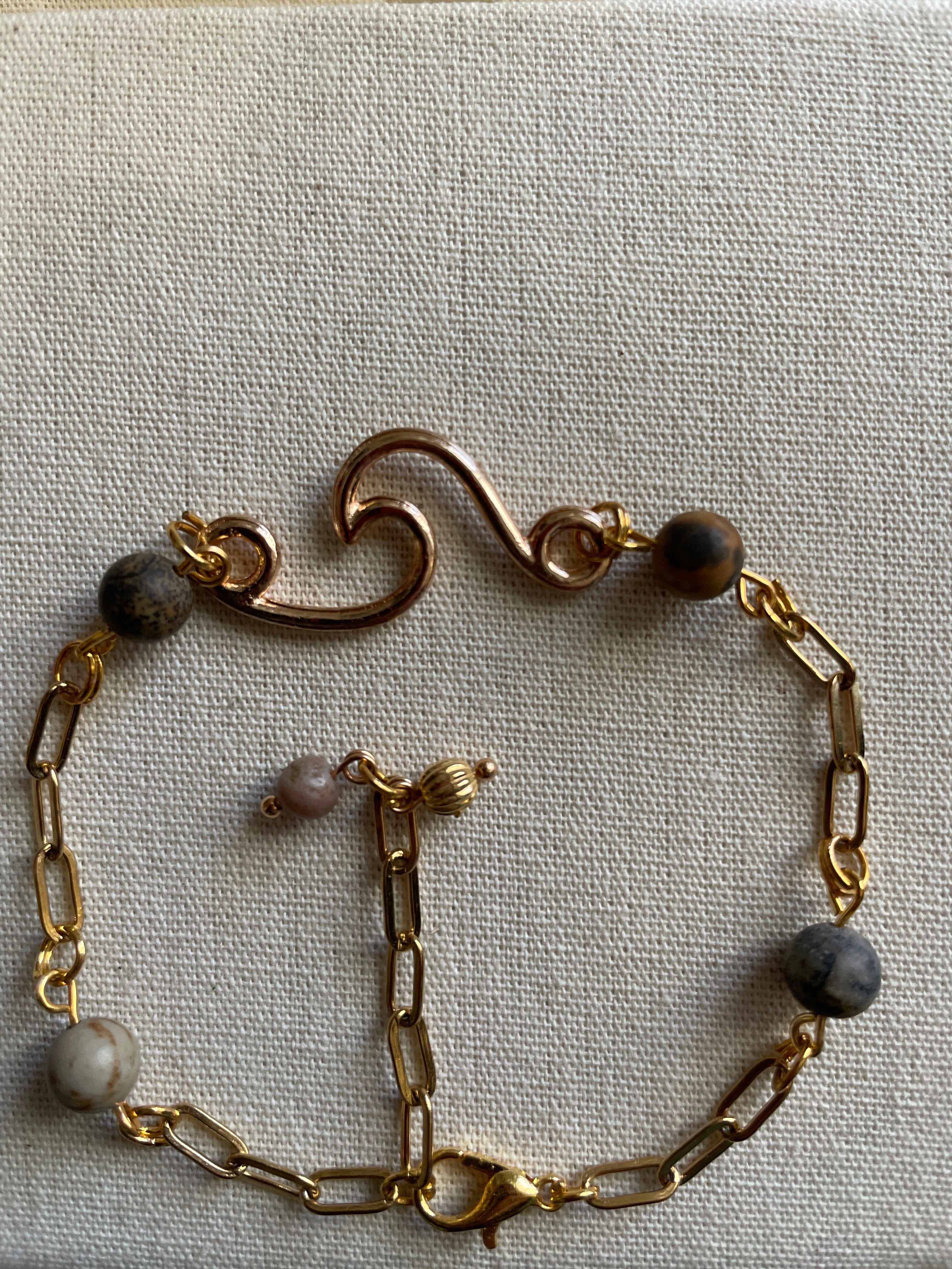 14K Gold Filled AdjustablePaperclip Chain Bracelet or Anklet with Round Dalmatian Jasper Beads