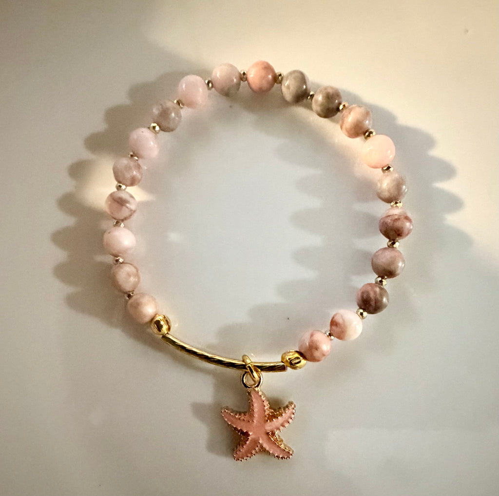 Pink Zebra Jasper Bracelet with Starfish Charm in Gold