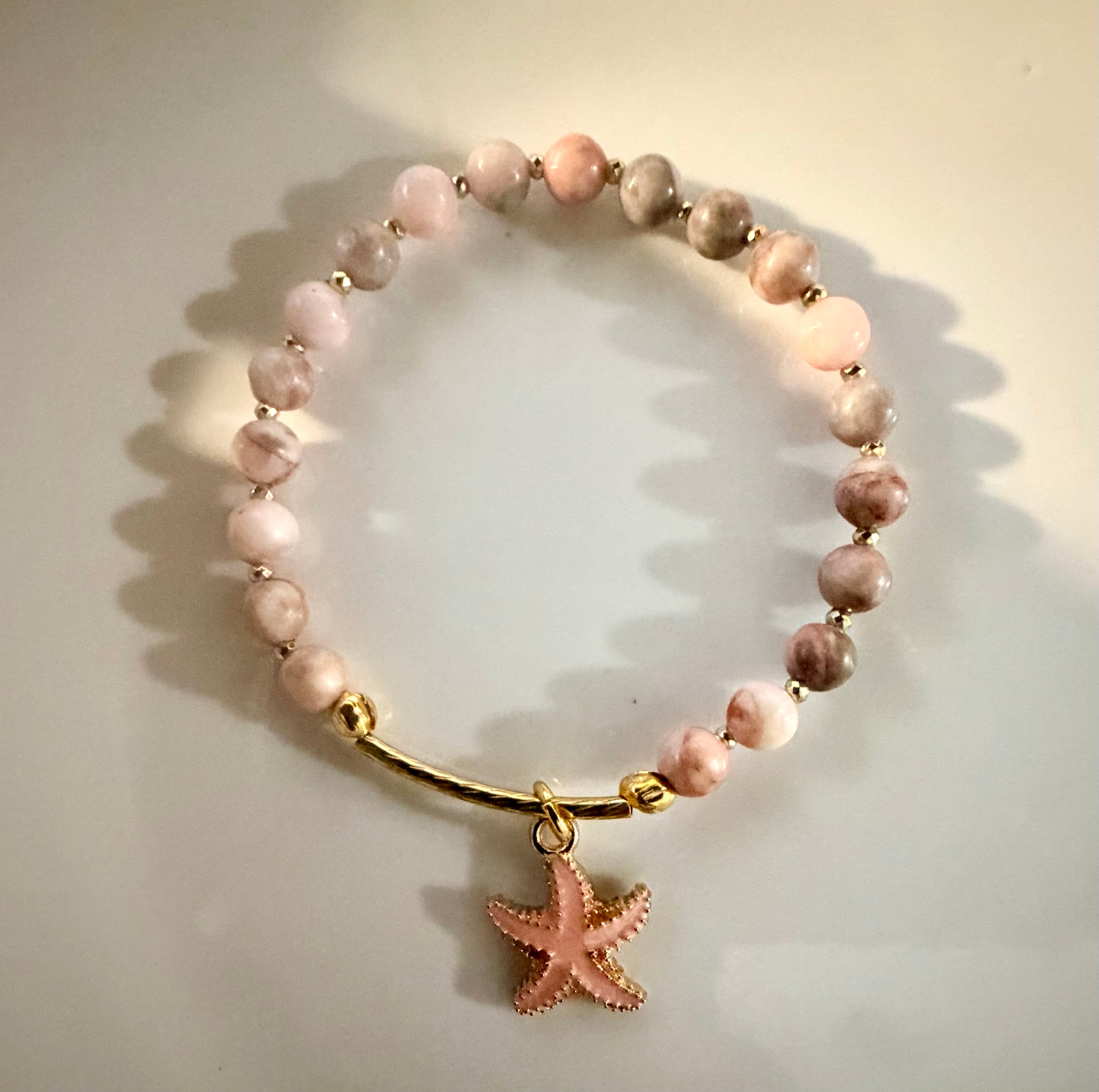 Pink Zebra Jasper Bracelet with Starfish Charm in Gold