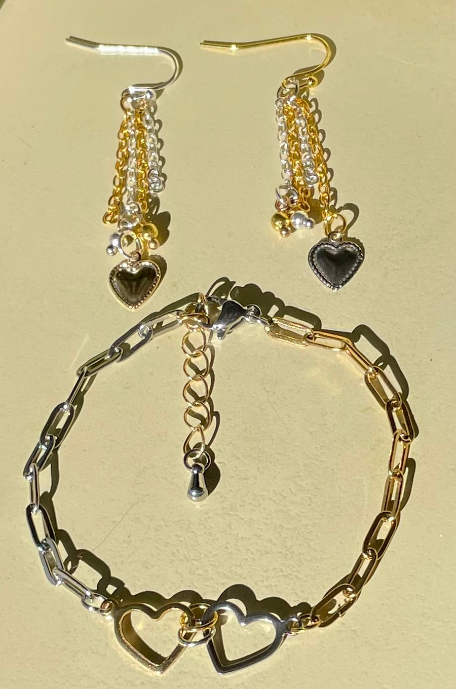 Gold Plated Silver Plated Mix and Match Heart Set - Two Tone Paperclip Bracelet, Multi Chain Heart Drop Earrings, Mixed Metal Jewelry Set- SublimeDesignsBySuzie