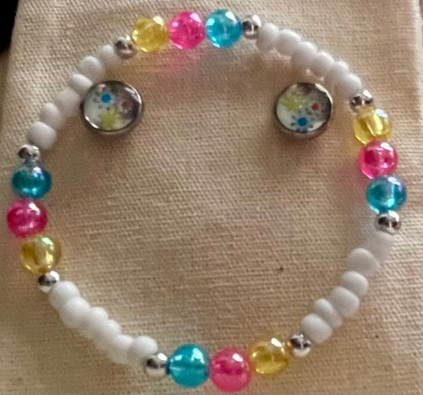 Stud Flower Cabochon Earrings  & Bracelet – White Beads Multicolor Pastel Pearl Stretch Jewelry, Interchangeable Floral Charm Handmade Gift for kids, girls & women