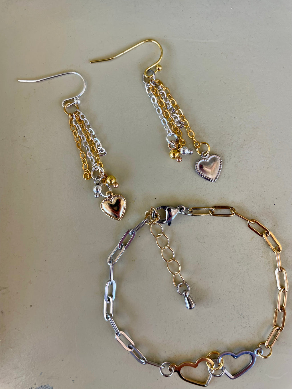 Gold Plated Silver Plated Mix and Match Heart Set - Two Tone Paperclip Bracelet, Multi Chain Heart Drop Earrings, Mixed Metal Jewelry Set- SublimeDesignsBySuzie