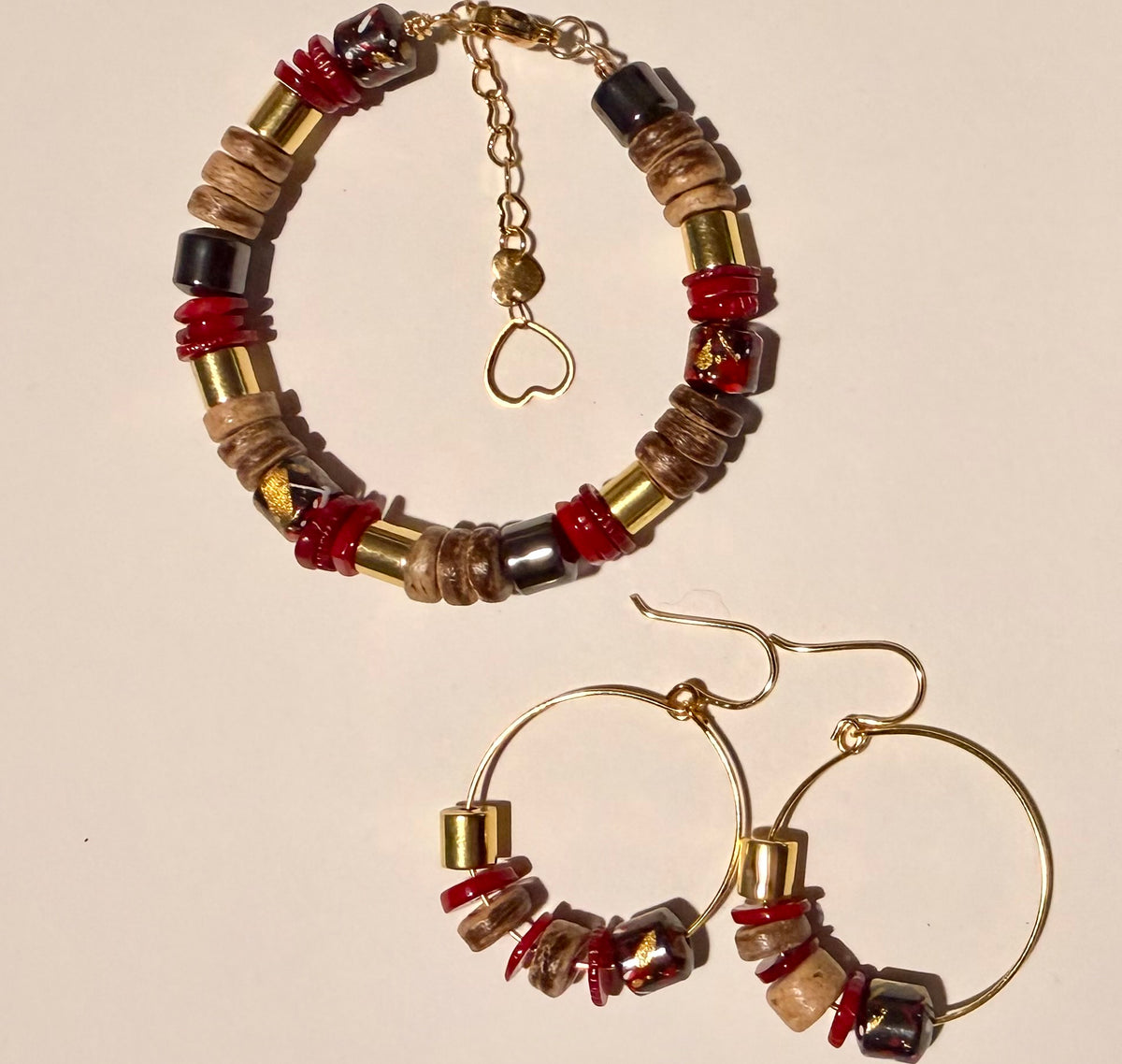 18K Gold Coral & Hematite Bracelet and Hoop Set