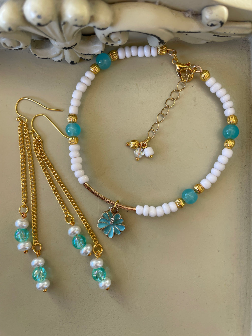 Turquoise & Pearl Gold Plated PVD Beaded Bracelet or Anklet & Dangle Earrings Set - Bohemian Beach Style, Flower Charm, Handmade Gift made by Suzie with Sublime Designs