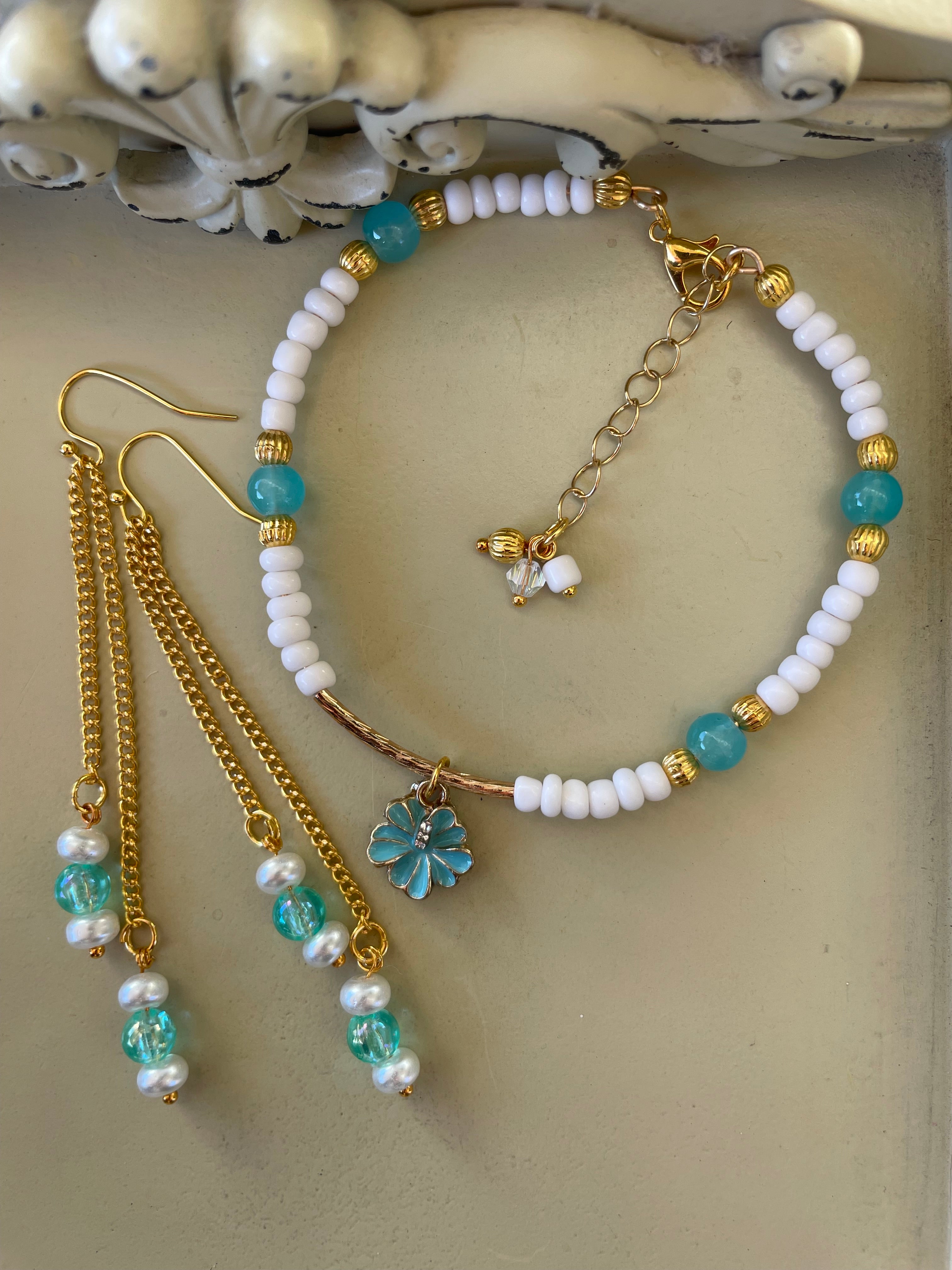 Turquoise & Pearl Gold Plated PVD Beaded Bracelet or Anklet & Dangle Earrings Set - Bohemian Beach Style, Flower Charm, Handmade Gift made by Suzie with Sublime Designs