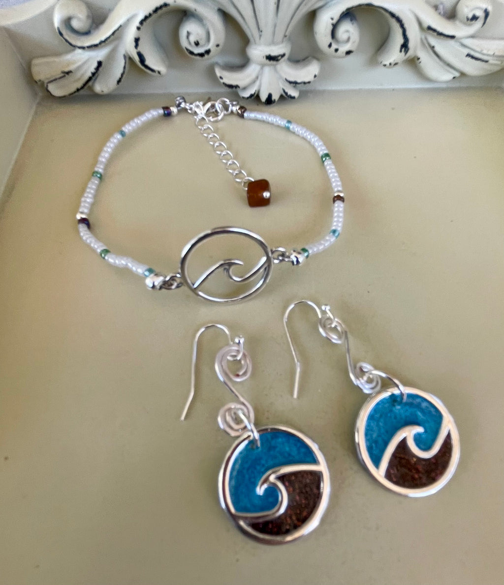 Ocean Inspired Silver Plated Set - Enamel Blue Wave Earrings, Pearl Beaded Bracelet with Brown Gem Charm, Coastal Jewelry-SublimeDesignsBySuzie
