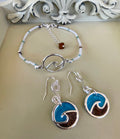 Ocean Inspired Silver Plated Set - Enamel Blue Wave Earrings, Pearl Beaded Bracelet with Brown Gem Charm, Coastal Jewelry-SublimeDesignsBySuzie