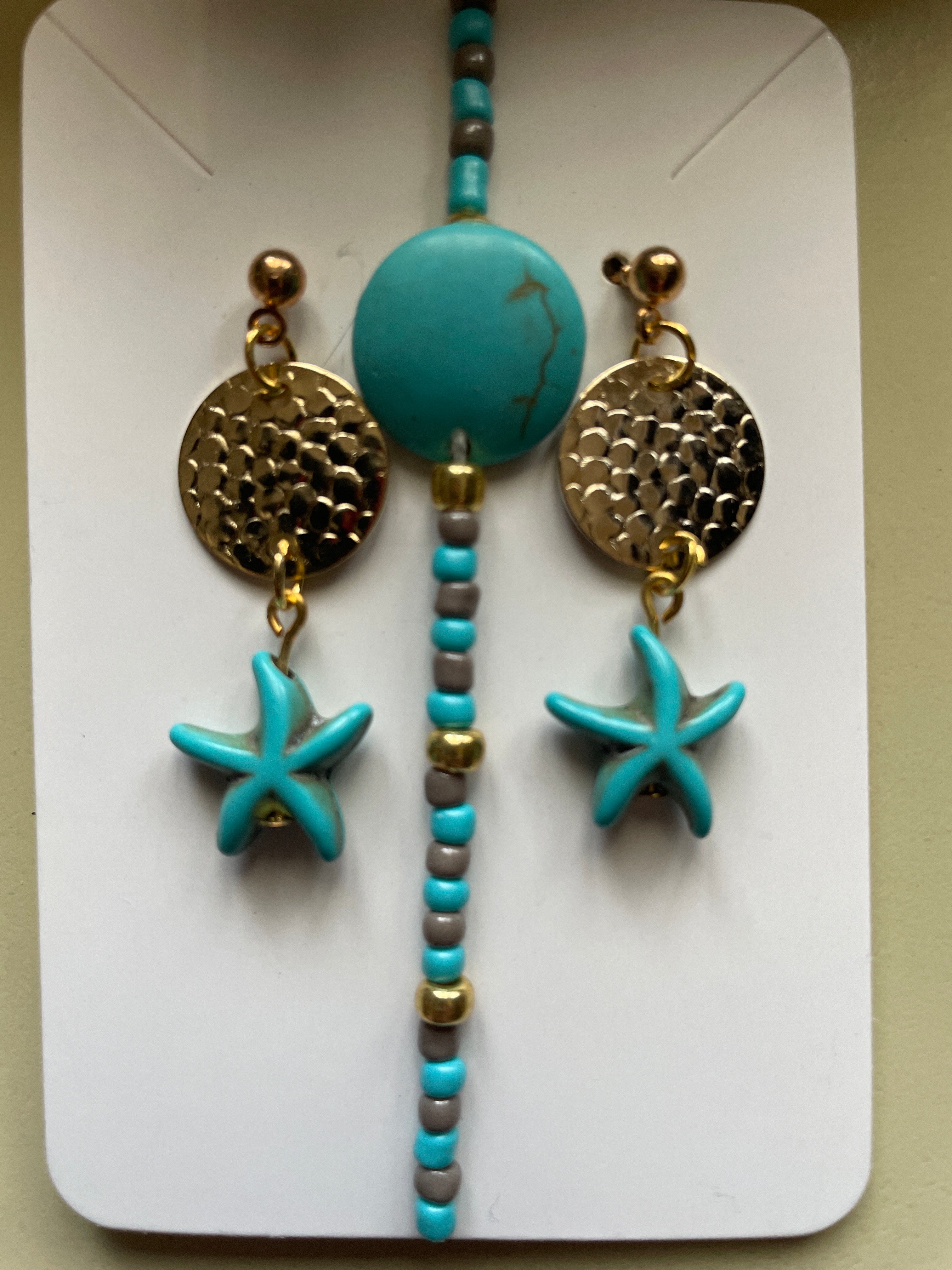 Turquoise Starfish with Gold Discs earrings and natural stone bracelets