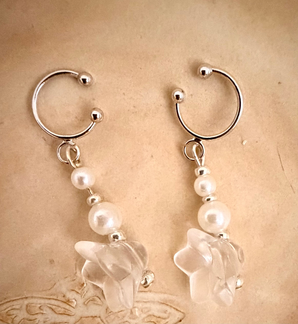 Silver Plated Non-Pierced Ear Cuff Set with Star Charms & Convertible Pearl Flower Bracelet Anklet