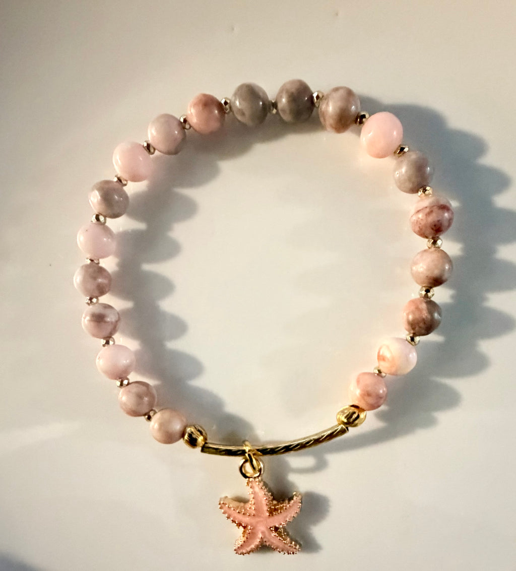 Pink Zebra Jasper Bracelet with Starfish Charm in Gold