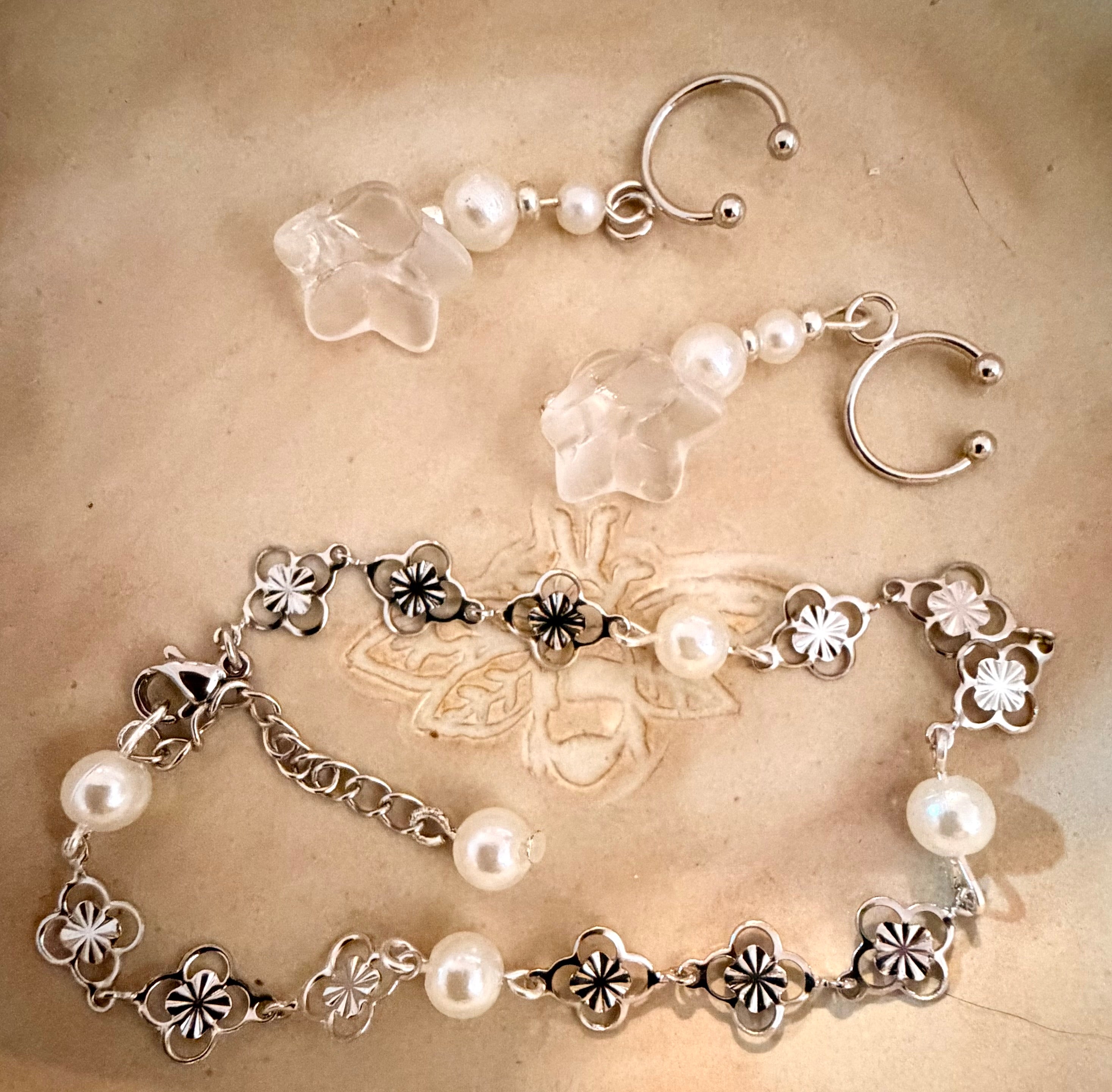 Silver Plated Non-Pierced Ear Cuff Set with Star Charms & Convertible Pearl Flower Bracelet Anklet