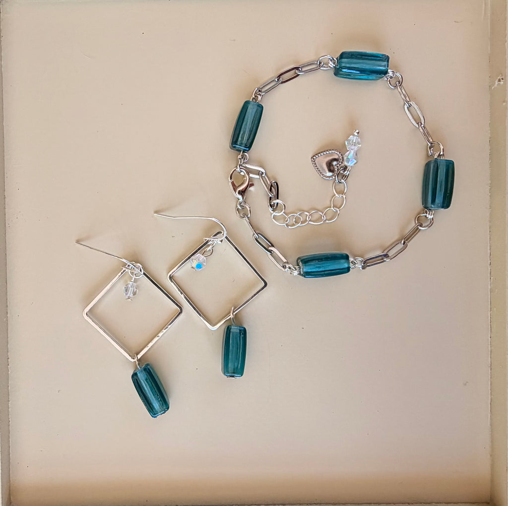 Ribbed Blue Glass Sea Crystal Jewelry Set by Suzie with Sublime Designs