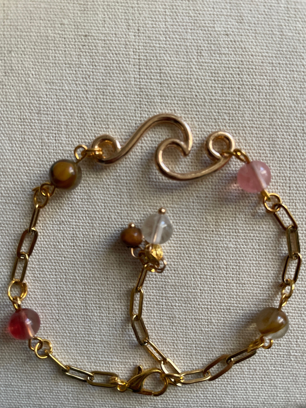 14K Gold Plated PVD Paperclip Chain Bracelet or Anklet with Rose Quartz & Tiger Eye Beads