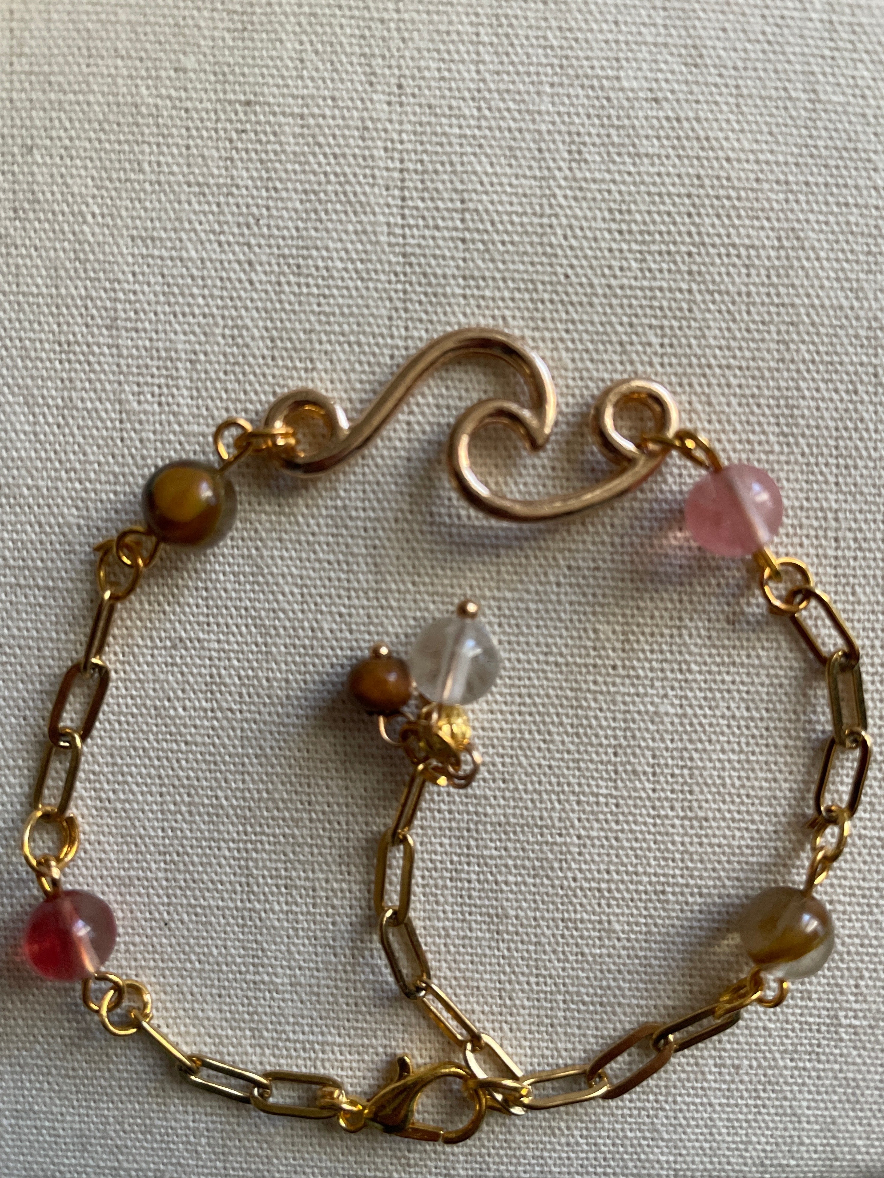 14K Gold Plated PVD Paperclip Chain Bracelet or Anklet with Rose Quartz & Tiger Eye Beads