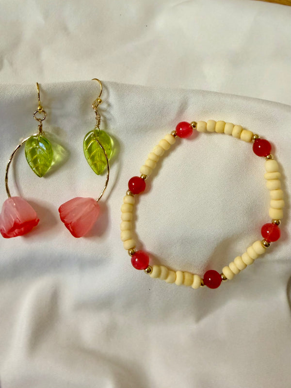 Garden Bloom Floral Jewelry Set - Green Leaf & Pink Tulip Earrings with Red Cream Beaded Bracelet & Earrings by Suzie with Sublime Designs- Palm Coast