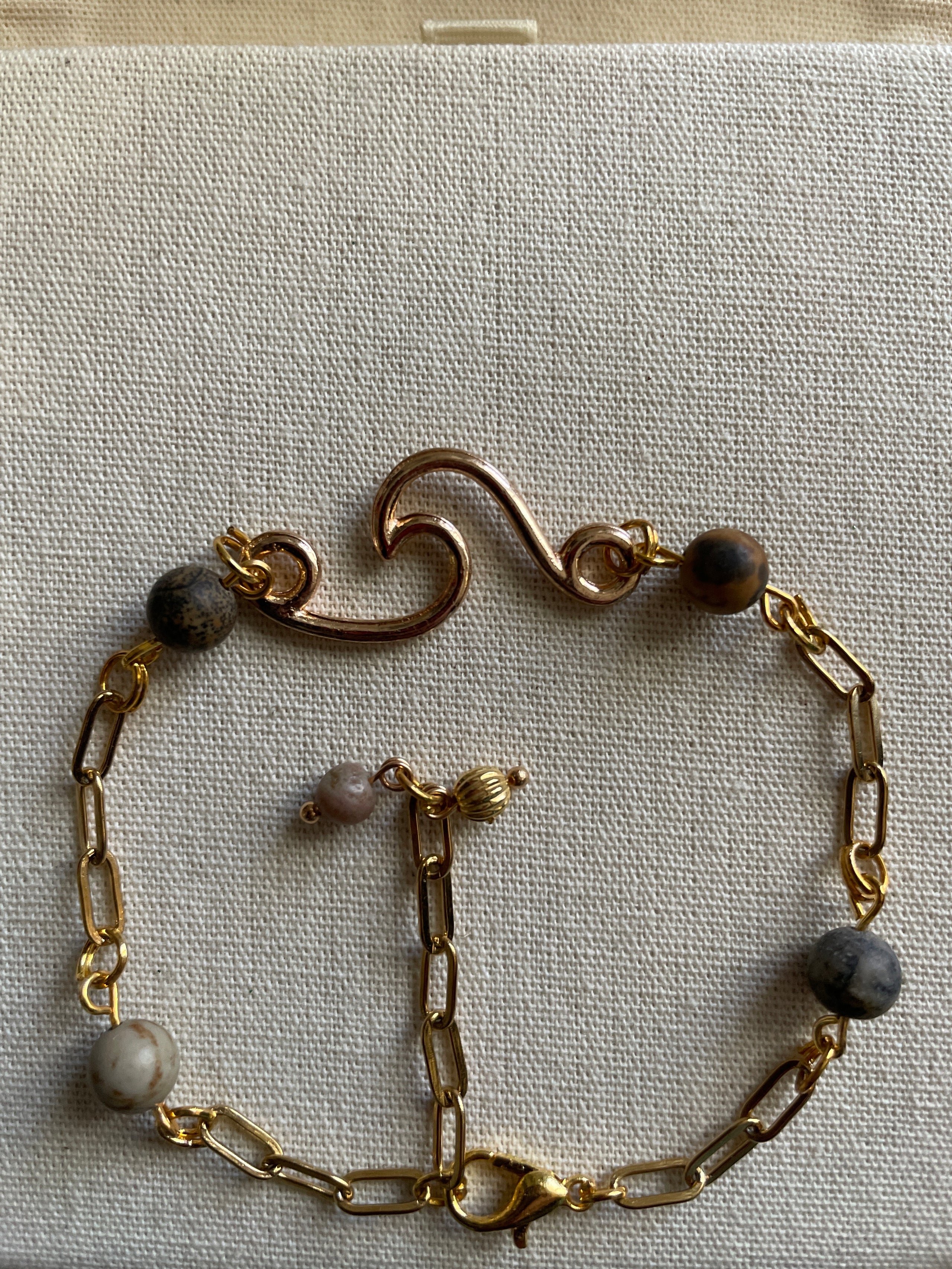 14K Gold Filled AdjustablePaperclip Chain Bracelet or Anklet with Round Dalmatian Jasper Beads