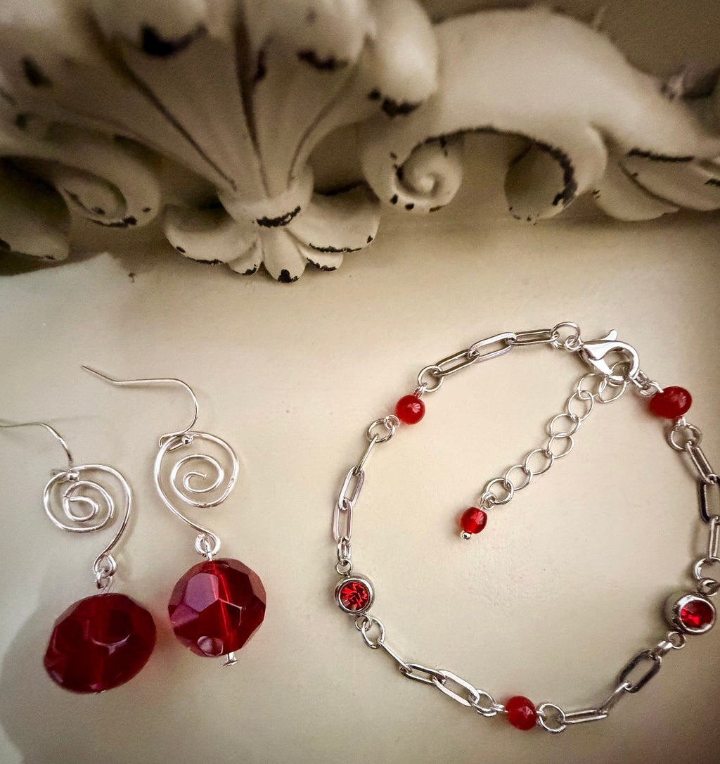 Elegant & Vibrant Ruby Red Rhinestone Crystal Set - Silver Paperclip Link Bracelet & Dangle Earrings Gift for Her by Suzie with Sublime Designs