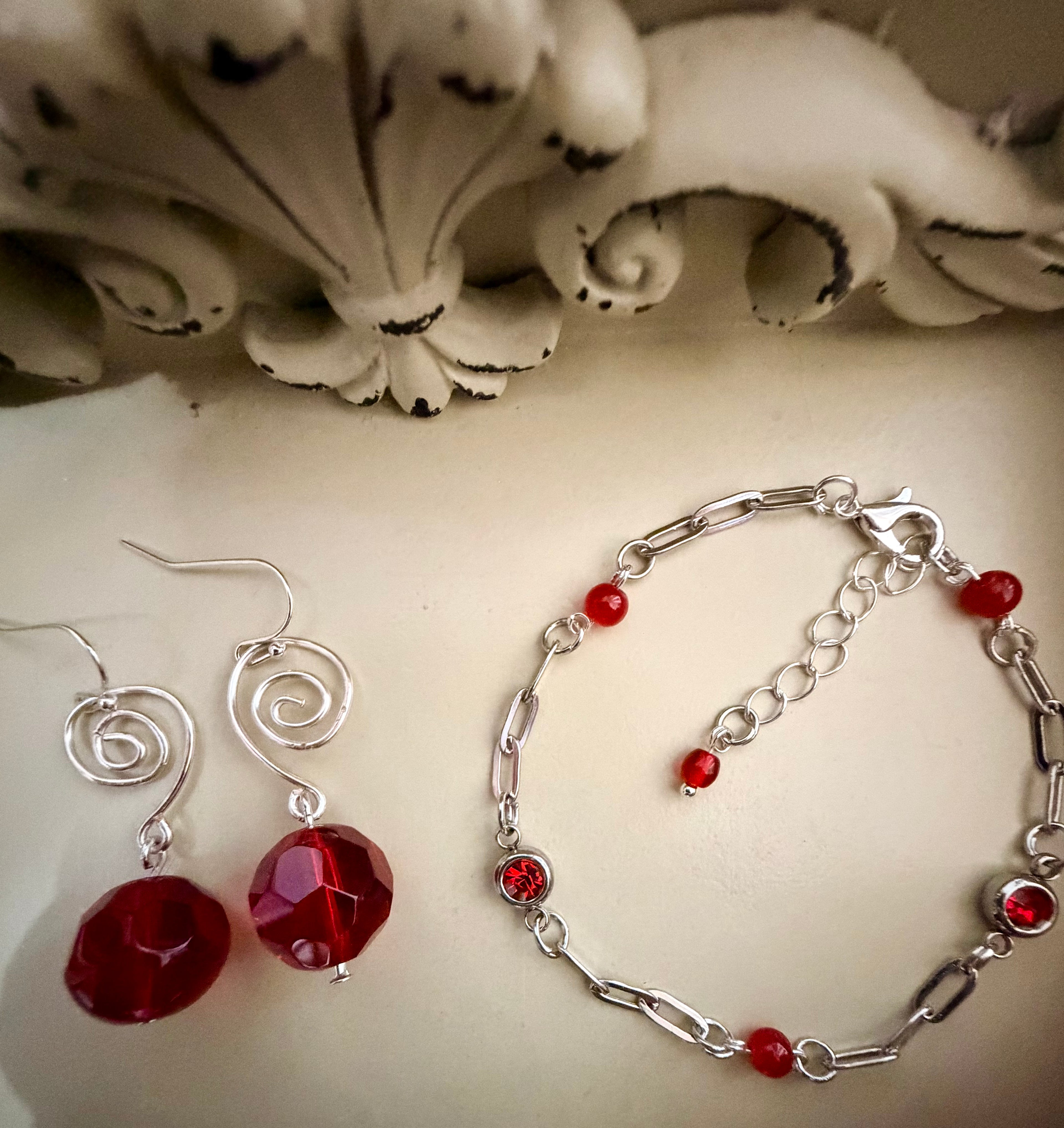 Elegant & Vibrant Ruby Red Rhinestone Crystal Set - Silver Paperclip Link Bracelet & Dangle Earrings Gift for Her by Suzie with Sublime Designs