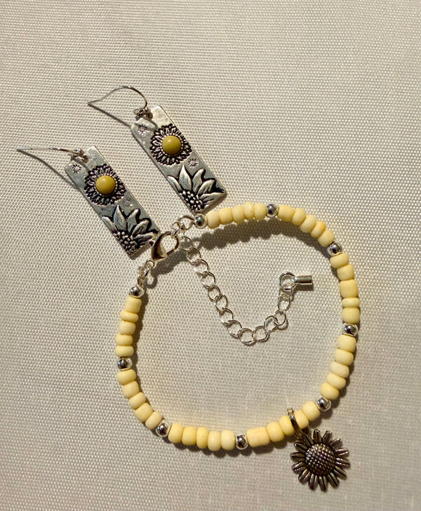 Sunflower Silver Gem  Jewelry Set – Yellow Beaded Bracelet & Floral Sunflower Silver Drop Earrings | Boho Daisy Charm Set