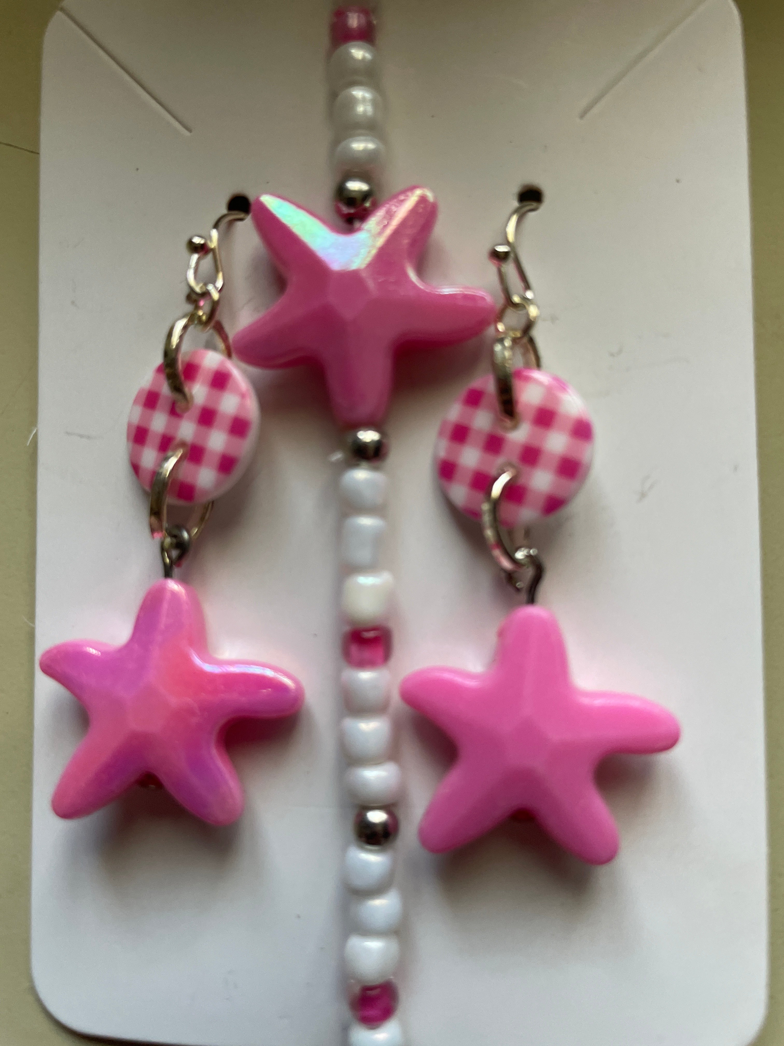Pink Checkered Plaid Starfish Set Earrings Bracelet