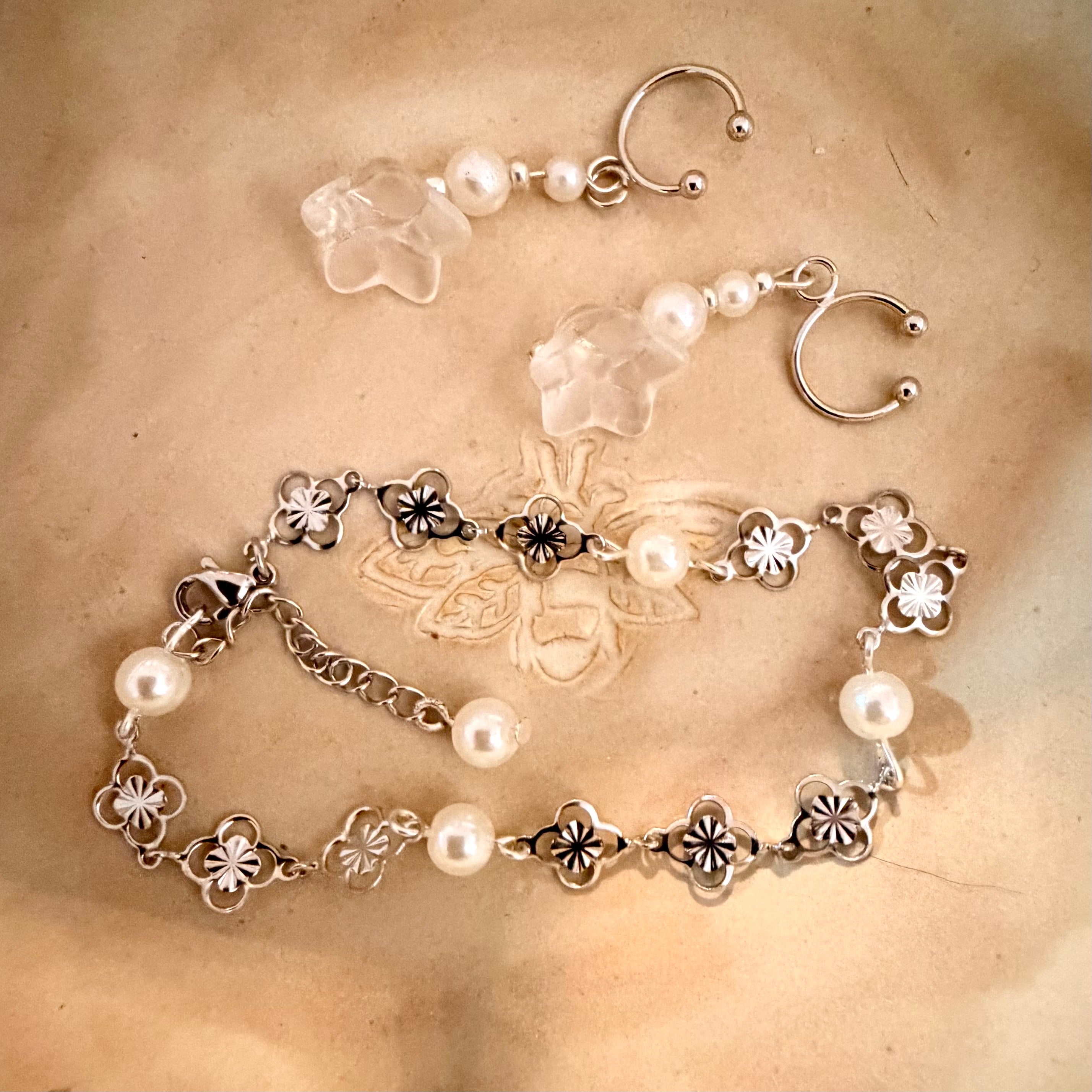 Silver Plated Non-Pierced Ear Cuff Set with Star Charms & Convertible Pearl Flower Bracelet Anklet