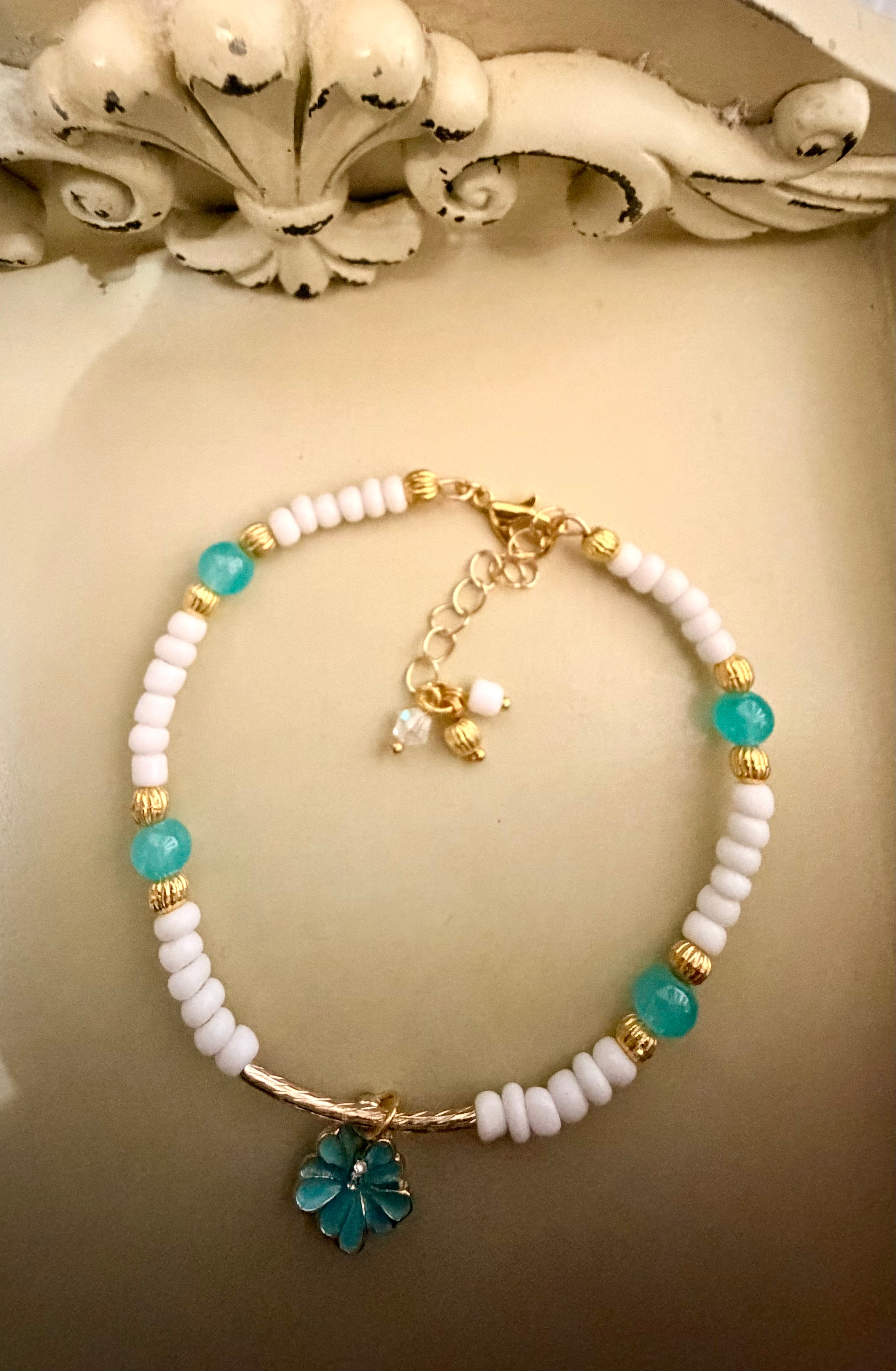 Handmade Turquoise & White Boho Bracelet/Anklet with Flower Charm by Suzie with Sublime Designs