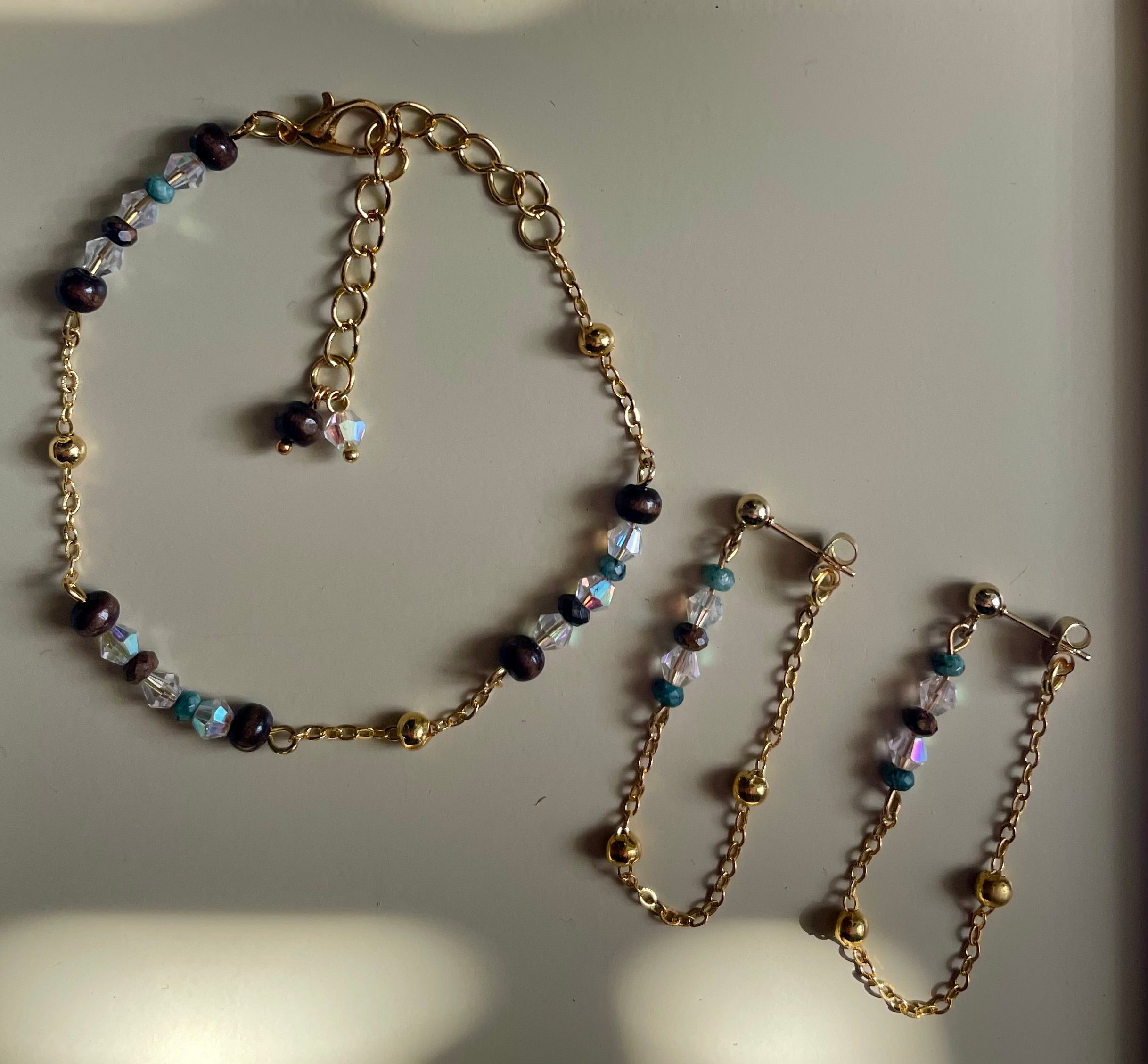 Handmade, Dainty Minimalist 18 Gold Plated Jasper Beaded Jewelry Set - Clear Crystal, Blue & Brown Chain Bracelet/Anklet + Dangle Earrings by SublimeDesignsBySuzie