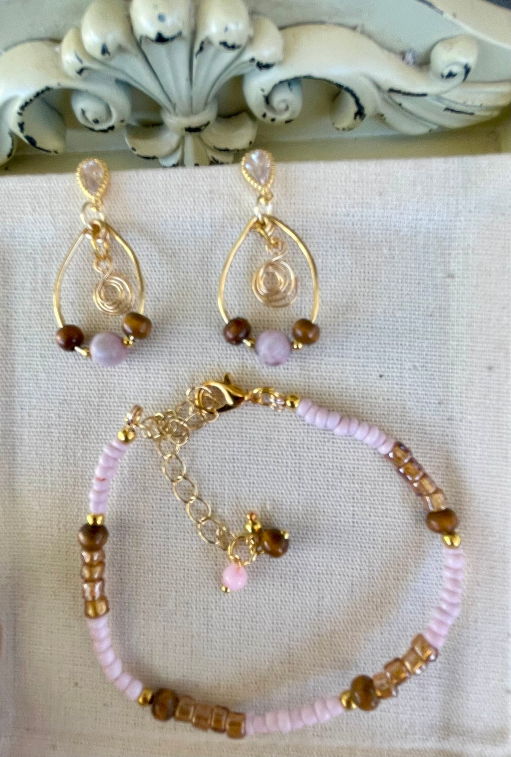 Dainty Gold Plated Boho Rose Quartz Tiger Eye Jewelry - Pink Beaded Bracelet & Flower Swirl Wire Drop Earrings by Suzie with Sublime Designs