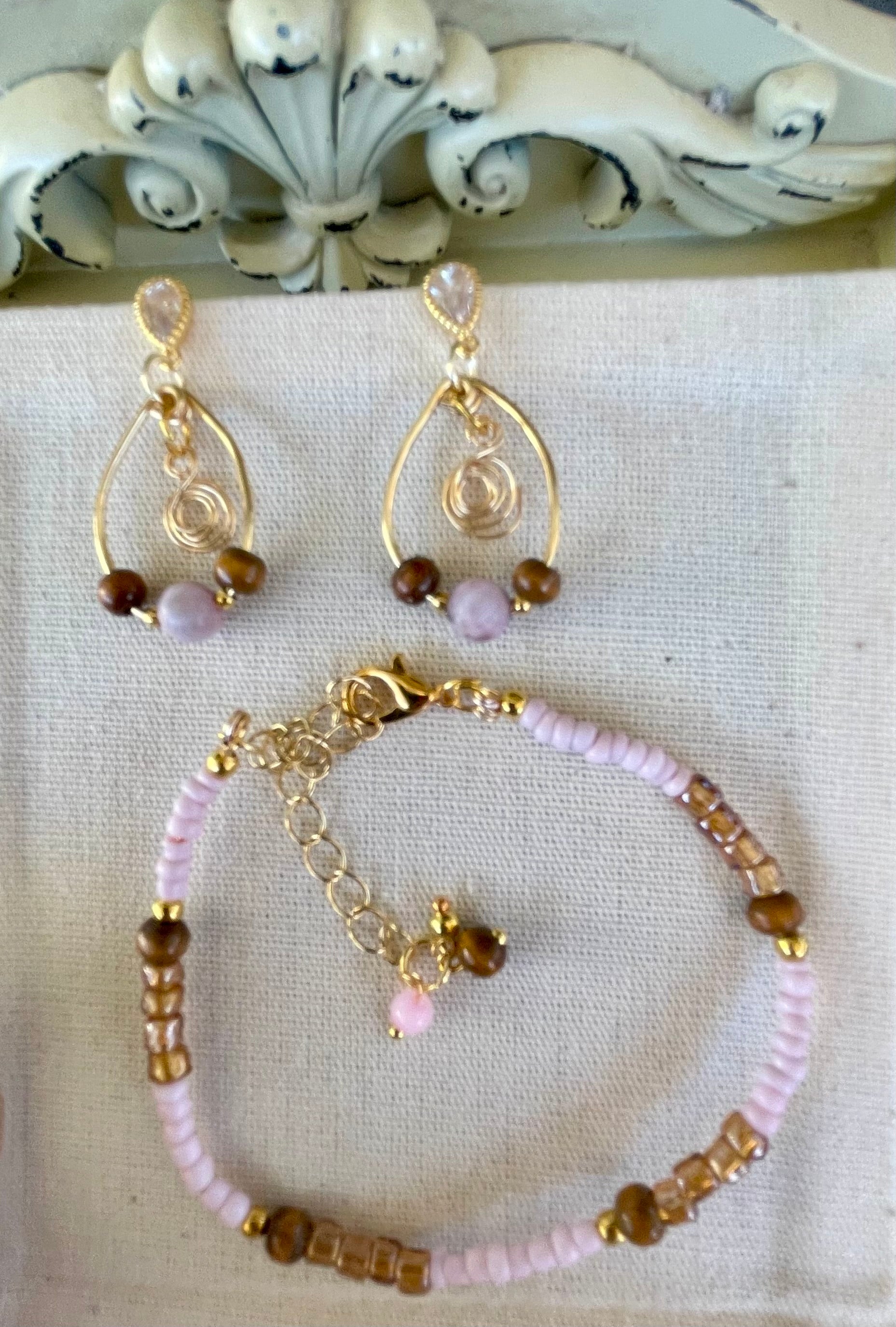 Dainty Gold Plated Boho Rose Quartz Tiger Eye Jewelry - Pink Beaded Bracelet & Flower Swirl Wire Drop Earrings by Suzie with Sublime Designs