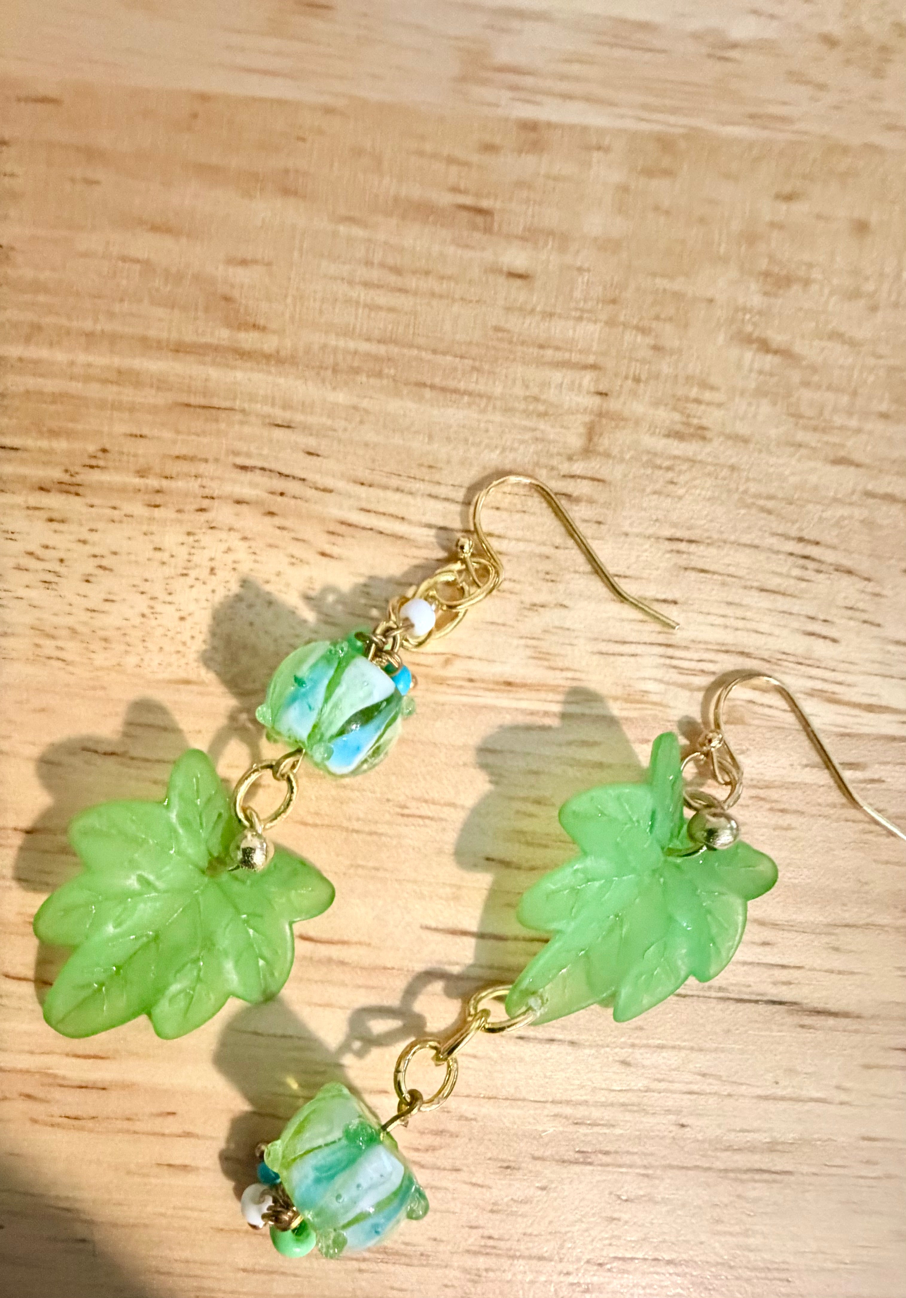 Miss Match Textured Blown Glass Mint  Leaf Jewelry Set