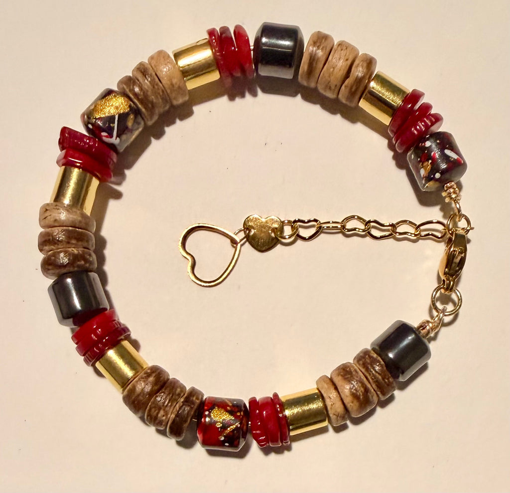 18K Gold Coral & Hematite Bracelet and Hoop Set