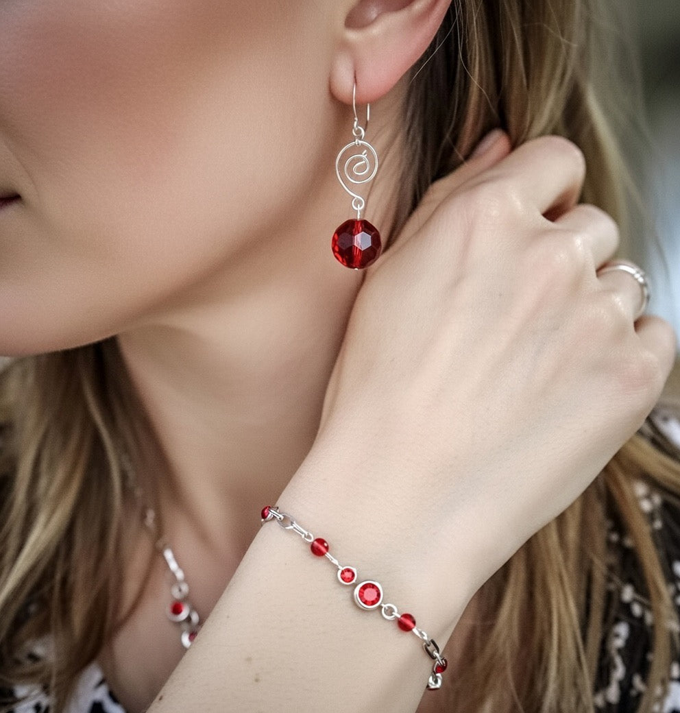 Elegant & Vibrant Ruby Red Rhinestone Crystal Set - Silver Paperclip Link Bracelet & Dangle Earrings Gift for Her by Suzie with Sublime Designs