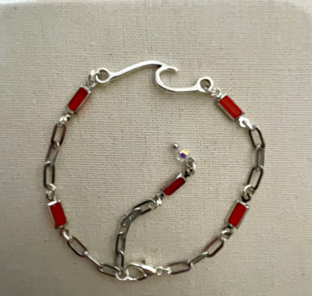 Red Coral Gemstone Birthstone Accents-Adjustable Silver Paperclip Link Bracelet or Anklet