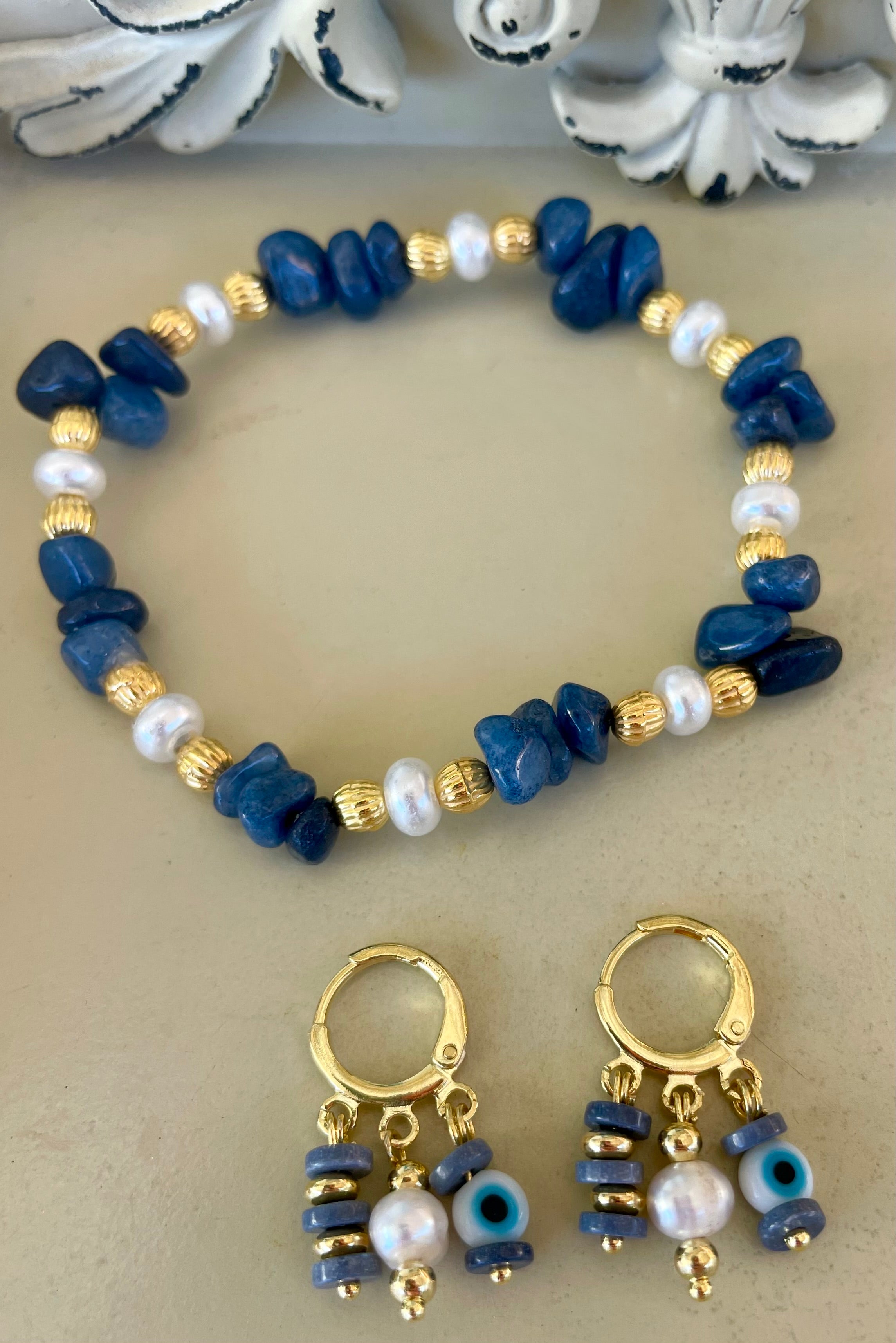 18k Gold Plated Blue Evil Eye Nazar Aventurine  & Pearl Jewelry Set by Sublime Designs by Suzie