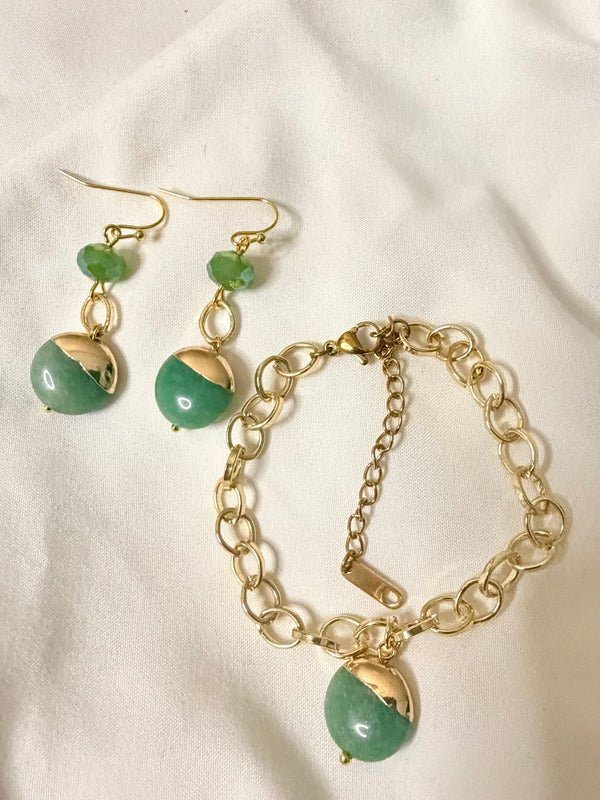 Modern Luck Jewelry Set: Gold Vermeil Green Stone Drops & Link Bracelet with Dipped Pendant by Suzie with Sublime Designs in St Augustine