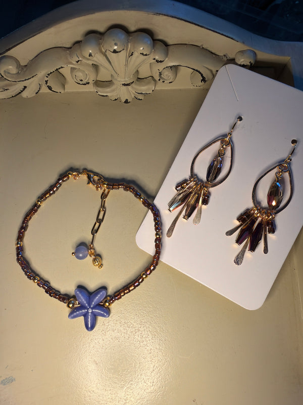 Handmade Blue Flower Beaded Bracelet & Dangle Earrings Set – Gold Tone Czech Glass, Iridescent Crystal Drops, Boho Jewelry Gift for Women- by Suzie with Sublime Designs