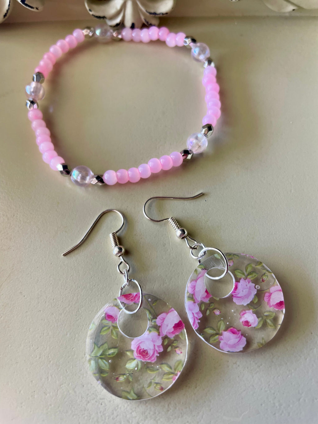 English Pink Rose Garden Jewelry Set