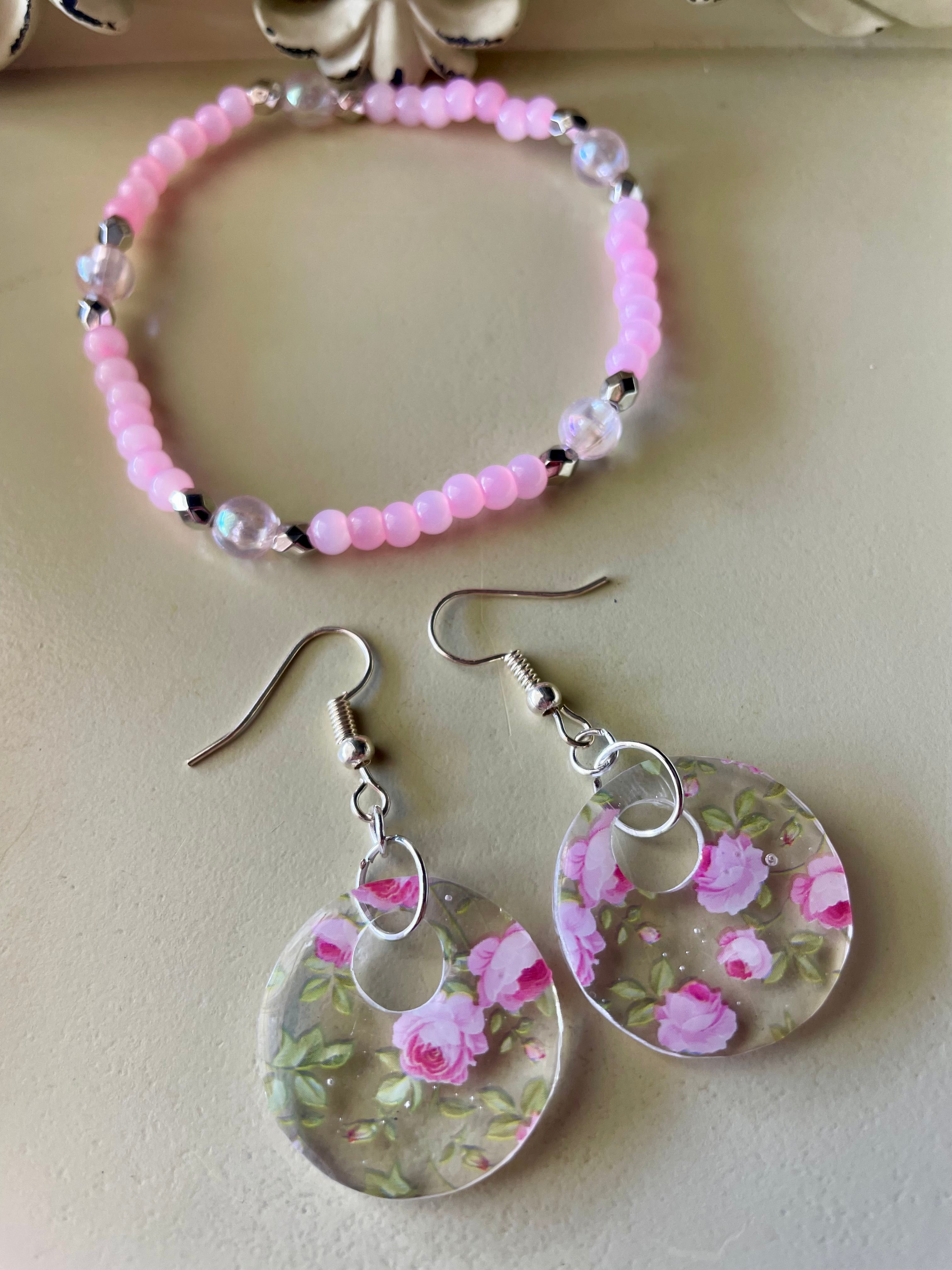 English Pink Rose Garden Jewelry Set