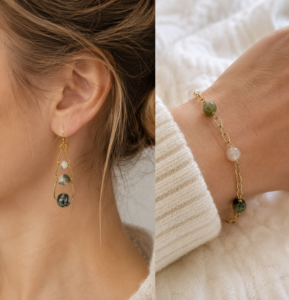 Healing Natural Green Agate Gold Plated Stainless Steel Dangle Earrings and Chain Bracelet Set