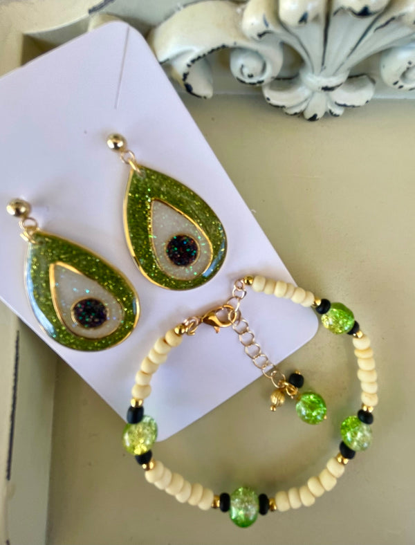 Silver Plated Green Glitter Resin Teardrop Earrings & Beaded Bracelet Set - Black White Inlay, Lime Accents Boho Sparkle