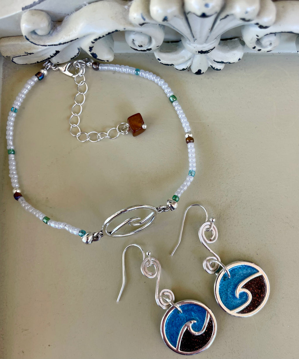 Ocean Inspired Silver Plated Set - Enamel Blue Wave Earrings, Pearl Beaded Bracelet with Brown Gem Charm, Coastal Jewelry-SublimeDesignsBySuzie