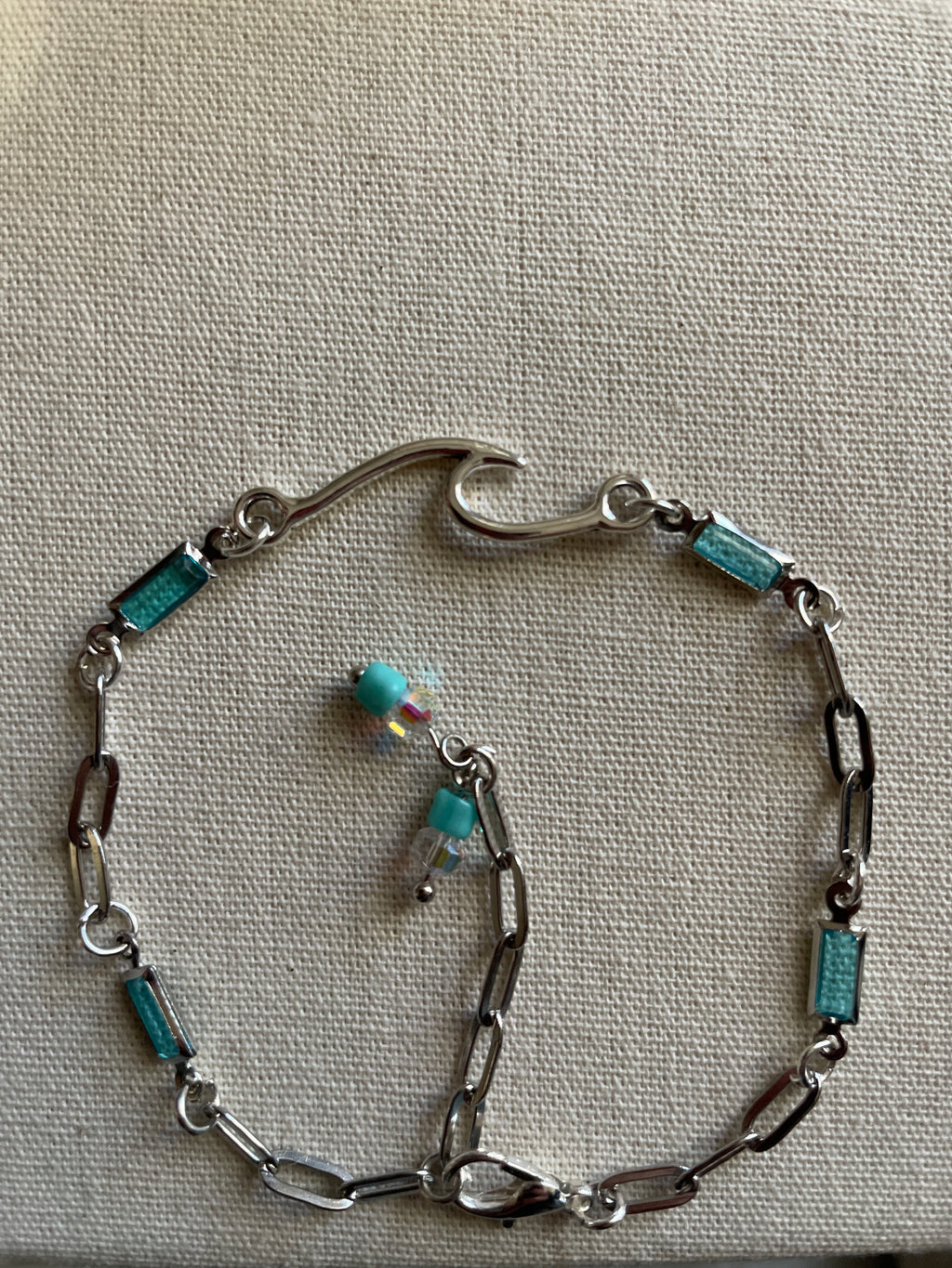 Silver Plated Paperclip Chain Bracelet or Anklet with Rectangular Gemstone Aquamarine Birthstone Bars