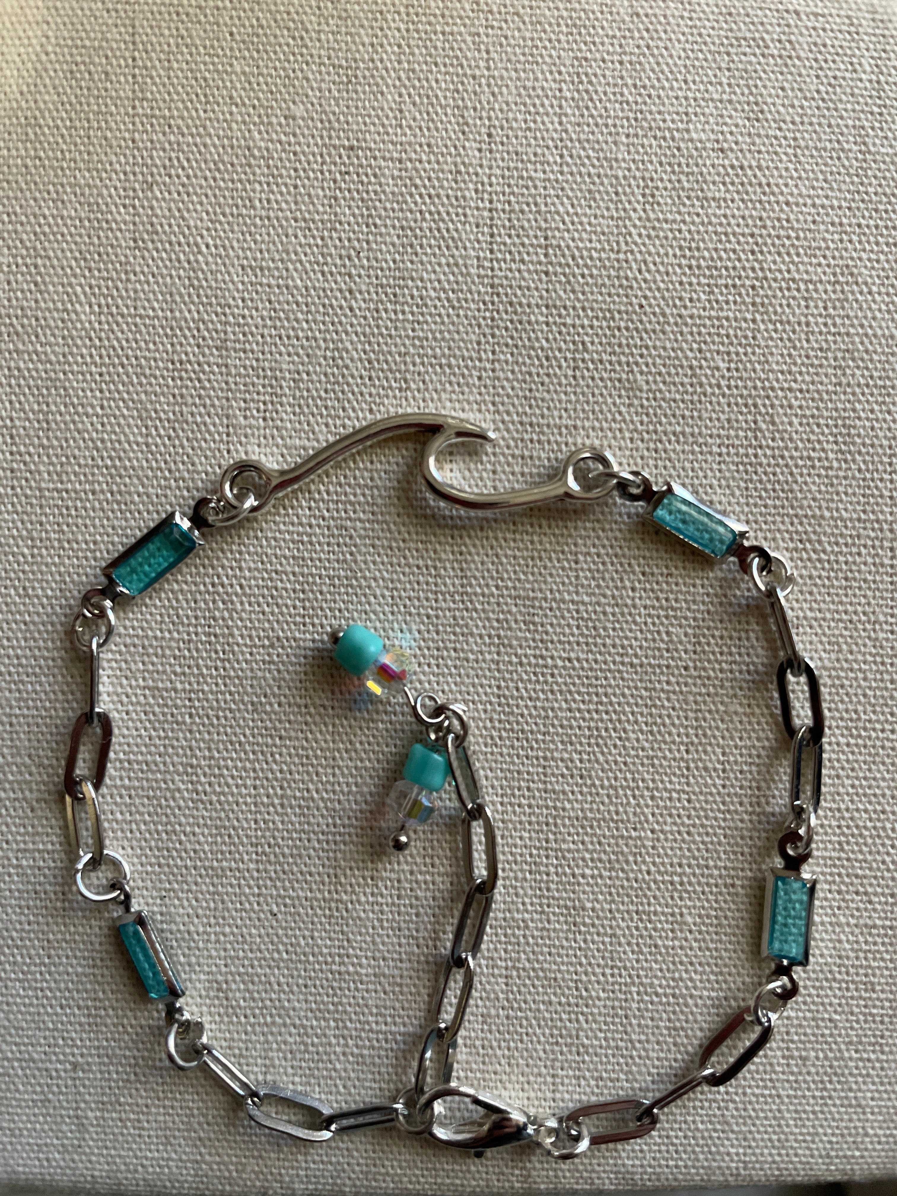 Silver Plated Paperclip Chain Bracelet or Anklet with Rectangular Gemstone Aquamarine Birthstone Bars