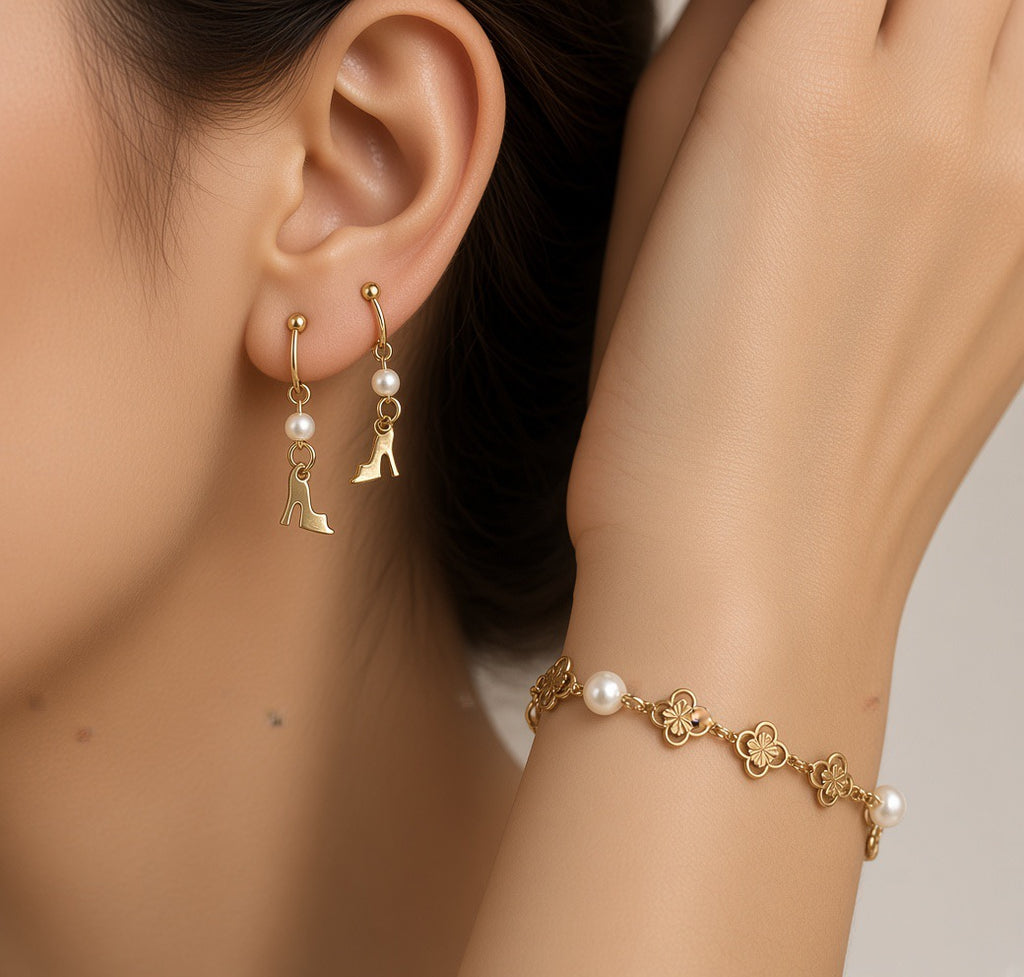 Dainty Gold Plated High Heel Pearl Ear Cuffs and Clover Flower Charm Bracelet/Anklet Set