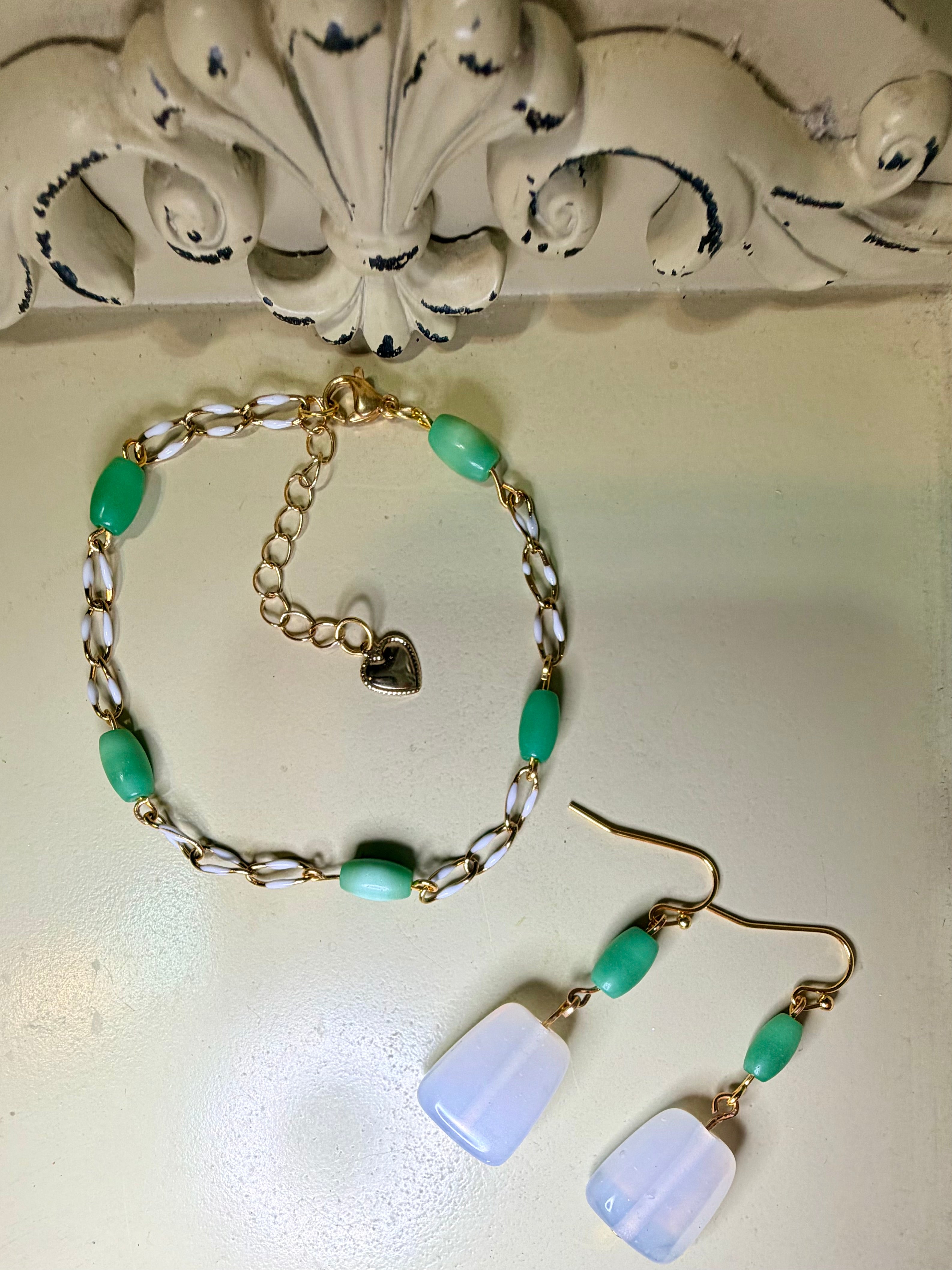 Mint Opal Gold Jewelry Set – Mint Green Beaded Bracelet & Opal Drop Earrings Jewelry Set by Suzie with Sublime Designs Palm Coast